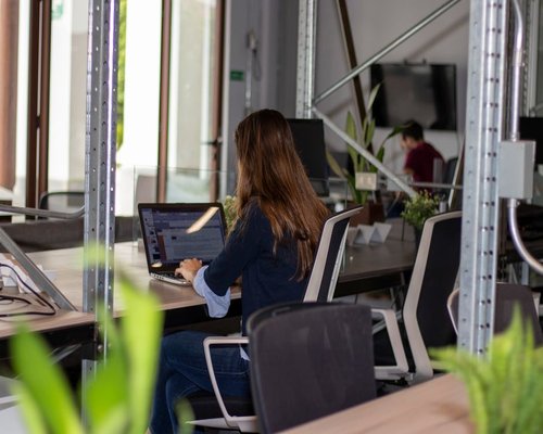 A person typing on a laptop in a bright coworking space in Chile